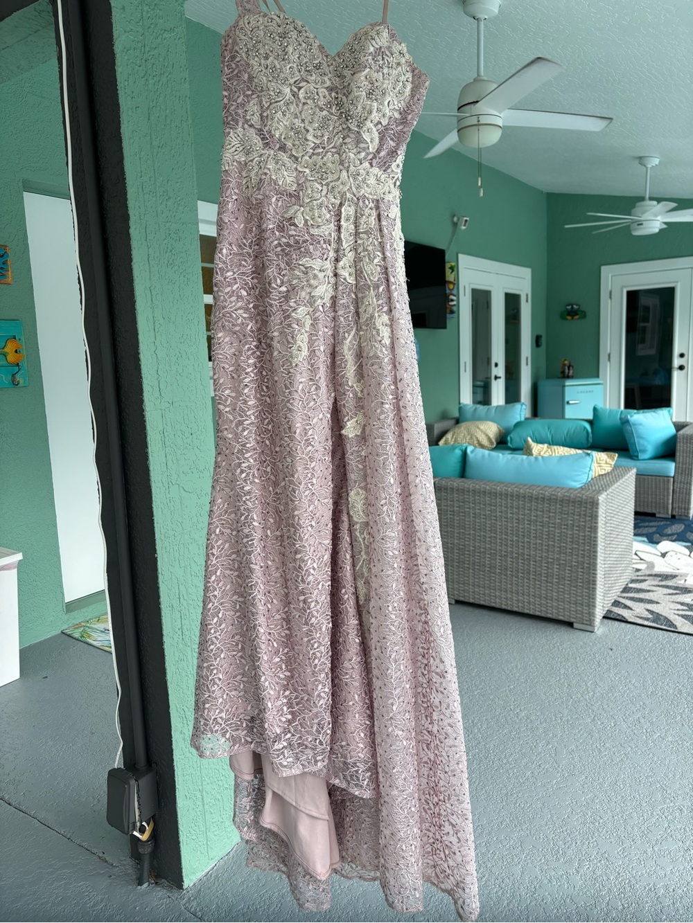 Catwalk Couture Lilac (dusty rose lavender) Lace Embellished Evening Gown 6